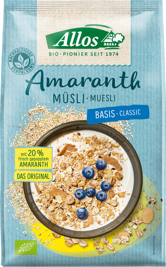 The organic amaranth base muesli from Allos is a delicious breakfast muesli with a 20% amaranth share. The muesli has a high fiber content and serves as a magnesium and iron source. You can enjoy the base Amaranth muesli pure or individually with different toppings - so you can start the day with energy and enjoyment! Also available as a 1.5 kg pack!