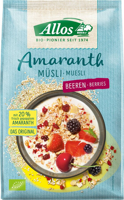 The organic amaranth berries of allos is a delicious breakfast muesli with a 20% amaranth share. The muesli has a high fiber content and serves as a magnesium and iron source. The berries give the muesli an extra summer note - so you can start the day with pleasure and swing!