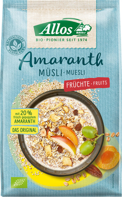 The organic amaranth fruits muesli from Allos is a delicious breakfast muesli with a 20% amaranth share. The muesli has a high fiber content and serves as a magnesium and iron source. The fruits give the muesli an extra fruity grade - so you can start the day with energy and enjoyment! Also available as a 1.5 kg pack!