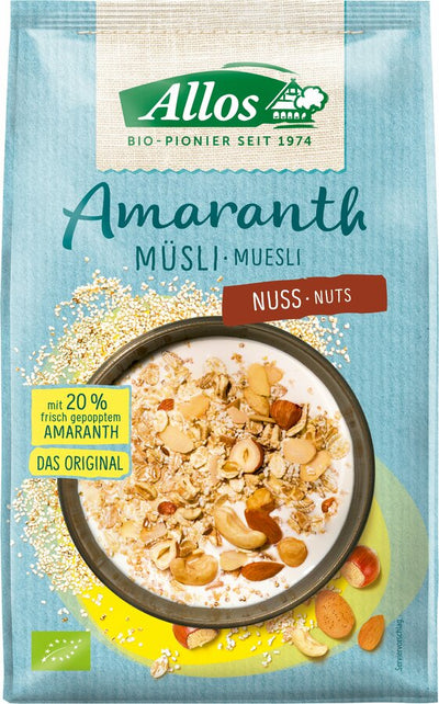 The organic amaranth nut from Allos is a delicious breakfast muesli with a 20% amaranth share. The muesli has a high fiber content and serves as a magnesium and iron source. The nuts give the muesli an extra crunchy and nutty note - so you can start the day with energy and enjoyment!