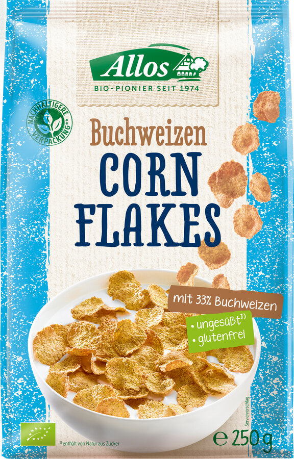 Our gluten -free allos buckwheat cornflakes made of roasted buckwheat. They are a real pleasure for breakfast or in between or for in between. The classic nutty taste of the buckwheat is supplemented by a touch of corn.