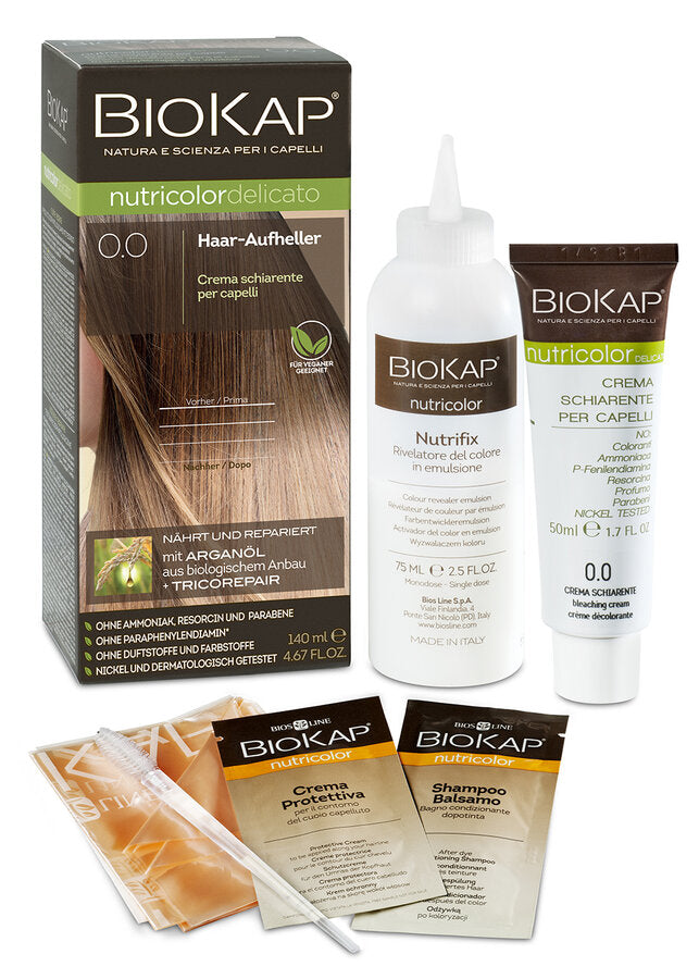 BIOKAP NUTRICOLOR DELICATO HAIR-AUTHELER + natural lightening by a maximum of 2 levels + ideal for beautiful highlights + does not drip + hairdressing clan, gloves and brushes for highlights including + nourish and repaired + with organic argan oil and tricore pair complex + without ammoniak, parabens, parabens, parabens, parabens, parabens, parabens, parabens Paraphenylendiamine* + without fragrance and dyes + on nickel and dermatologically tested + suitable for vegans + made in Italy