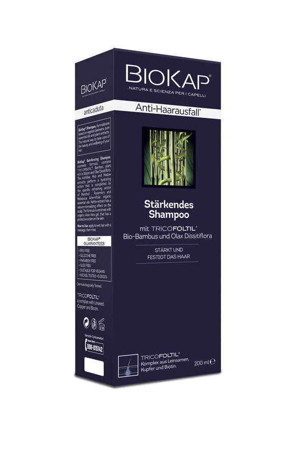 - Anti- hair loss* shampoo - strengthens and consolidates the hair - with tricofortil® complex of flax seeds, copper and biotin - with organic bamboo and Olax Dissiflora - 99 % of the ingredients from natural origin - free of pegs, silicones, parabens and sulfates ( Sles). - vegan - made in Italy *not disease -related hair loss