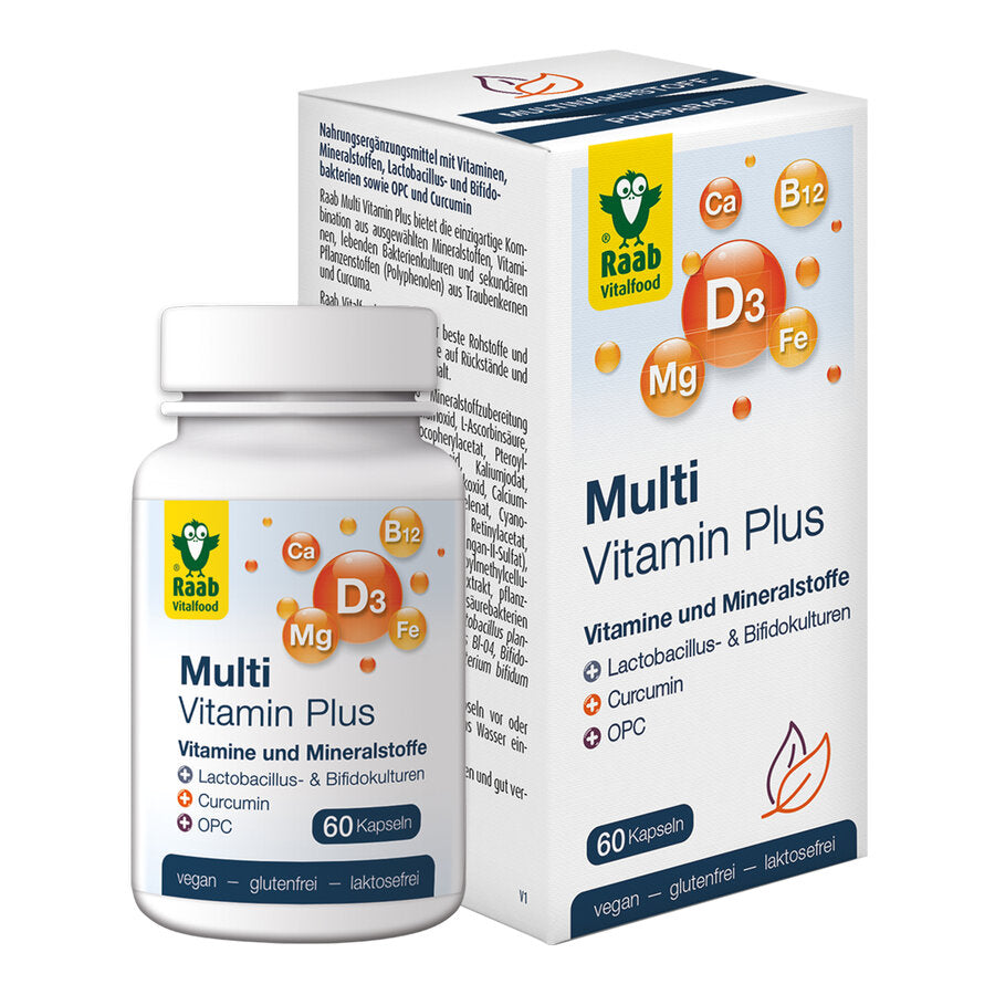 Raab Multi Vitamin offers the unique combination of selected minerals, vitamins, living bacterial cultures and secondary plant substances (polyphenols) made of grape seeds and curcuma.