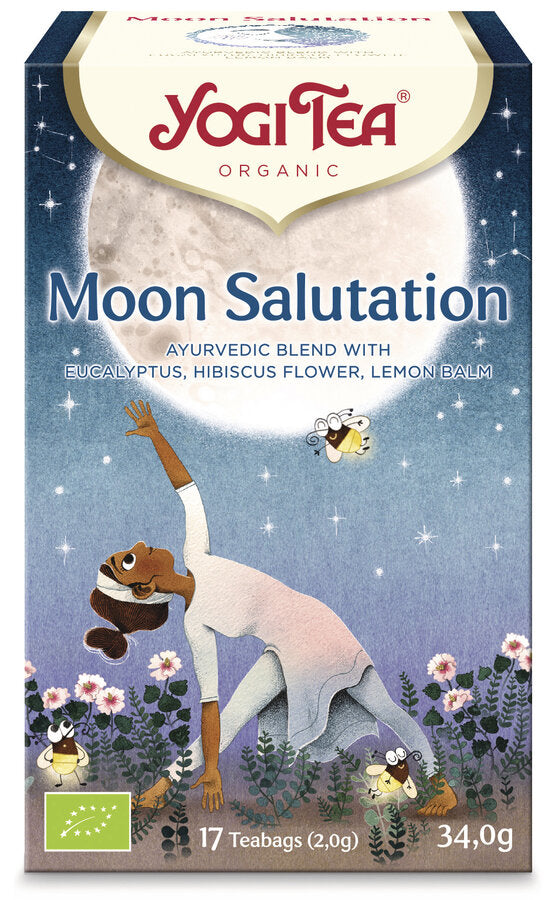 Yogi Tea® Moon Salutation-the ideal companion for the daily yoga unit. The fresh eucalyptus and light mint grades open the soul while turmeric ground us. We find peace and relaxation in enjoying this fine herbal tea mix with white hibiscus and lemon balm. Like the moon greeting in yoga, this Yogi Tea® creation inspires us to stay in harmony with us.