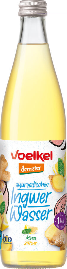 This water has taste. Organic mineral water from the Voelkel-owned source + sharp ginger + brewed mint + a hint of lemon = delicious water for you and your body