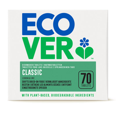 These biodegradable superheroes are made without environmentally harmful phosphates and leave the dishes flash and strip -free. Ecover Classic dishwasher tabs solve stubborn dirt such as dried and fat with effective vegetable and mineral components-now with improved formulation.