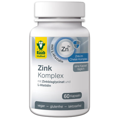 Raab Zink complex capsules contain a combination of zinc glycinate and the amino acid L-Histidine. Zinc glycinate is a special zinc connection in which the zinc is covered by a chelat complex. As a result, taking the capsules is possible with both meals and regardless of this. The amino acid L-Histidin optimally complements the recipe. Zinc contributes to a normal cognitive function and a normal function of the immune system.