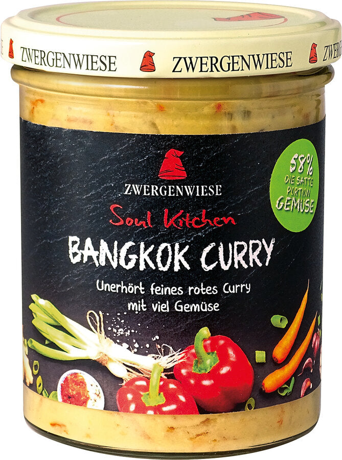 Do you fancy an intensely vegetable meal without much effort? No problem - here is Soul Kitchen! Bio Soul Kitchen Bangkok Curry, that is a fine red curry with lots of crunchy vegetables such as carrots, peppers and spring onions in a savory sauce with a clear coconut note and a midstern sharpness. The soul kitchen series is available in 370g glass and six varied flavors.