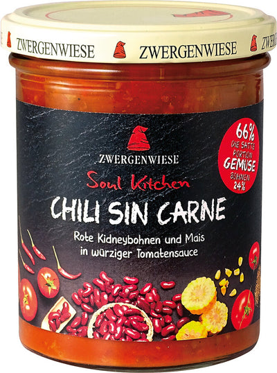 Do you fancy an intensely vegetable meal without much effort? No problem - here is Soul Kitchen! Bio Soul Kitchen Chili Sin Carne, that is a tomato sauce with red kidney beans, corn and soybeans, it tastes spicy and has a build -up sharpness. The soul kitchen series is available in 370g glass and six varied flavors.