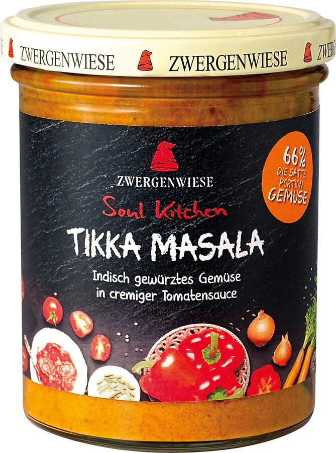Do you fancy an intensely vegetable meal without much effort? No problem - here is Soul Kitchen! Bio Soul Kitchen Tikka Masala, that is crispy vegetables in an Indian way with coriander and cumin in a creamy sauce with clear sharpness. The soul kitchen series is available in 370g glass and six varied flavors.