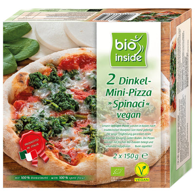 Italian mini-pizzas with spelled floor, crispy tender by long dough, with vegan pizza tab and spinach.