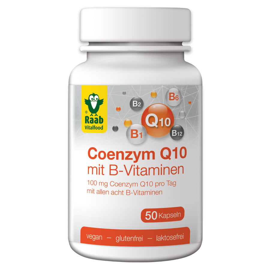 Raab Coenzyme Q10 with B vitamins capsules contain vegan coenzyme Q10, which is obtained from corn using a fermentation process. The capsules also contain all eight B vitamins. Thiamin (B1), Riboflavin (B2), Vitamin B6, Biotin (B7) and Vitamin B12 contribute to a normal energy metabolism. Riboflavin (B2), Niacin (B3), pantothenic acid (B5), vitamin B6, folic acid and vitamin B12 contribute to reducing fatigue and fatigue.