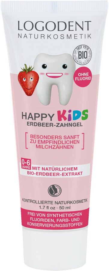 Crocodile and healthy children's teeth with the mild Happy Kids strawberry tooth gel - from the first tooth. For healthy and strong milk and children's teeth. Without fluoride.