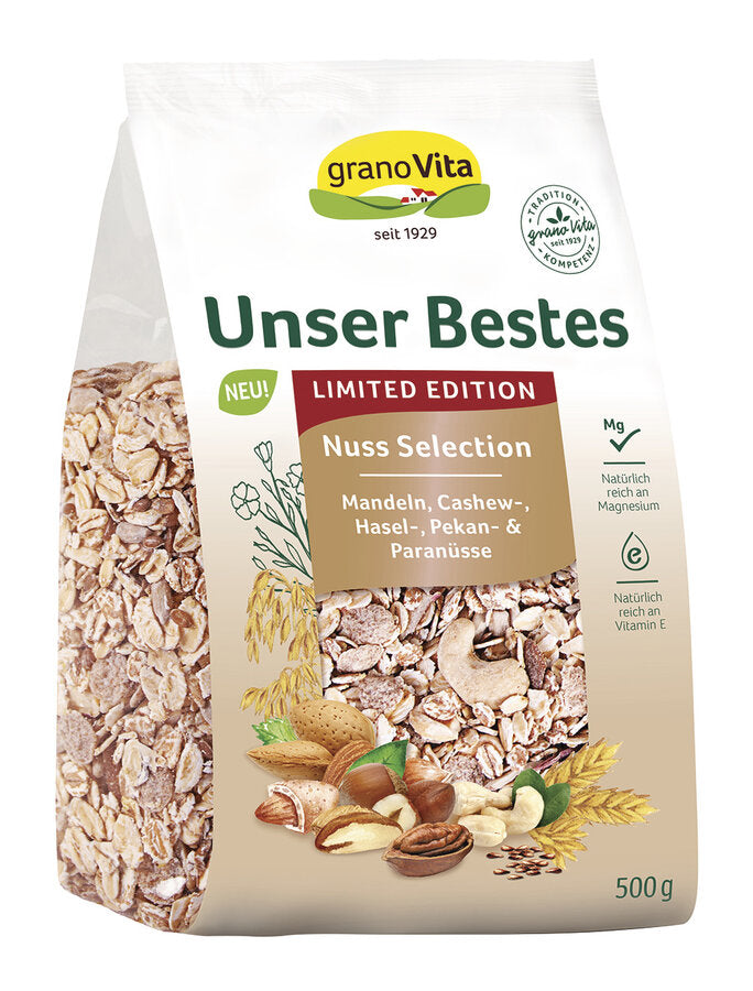 Limited Edition - Nuss Selection Only selected ingredients are used for our quality muesli. For the cold season we have strengthened our range with two new varieties - Limited Edition - Nuss Selection, of course, rich in magnesium and vitamin E