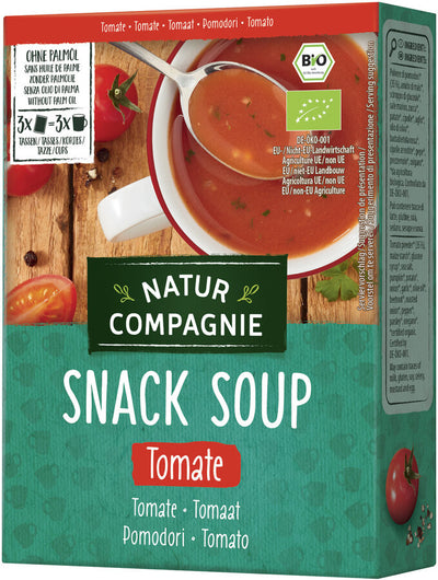 Fixed cup of instant soup tomato fruity tomato, seasoned with Italian herbs; For 3 cups - free of yeast - palm oil -free - vegan - vegetarian