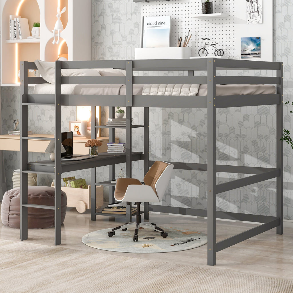 Full Loft Bed with Desk and Shelves,Gray - firstorganicbaby