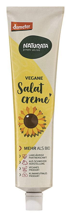Naturata's vegan salad cream does not contain any egg. Instead, sunflower protein serves as an emulsifier. In addition, it contains less oil and is therefore less fat and calorie than the mayonnaise of Naturata. Johannisbrotkern meal and guar nucleus ensure the right consistency of the cream.