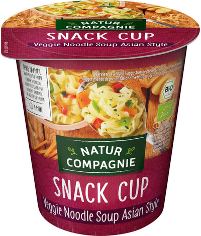 Snack Cup Veggie Noodle Soup Asian Style practical and delicious! Restrained with many wok noodles and typical Asian spices. - palm oil -free - vegan - vegetarian