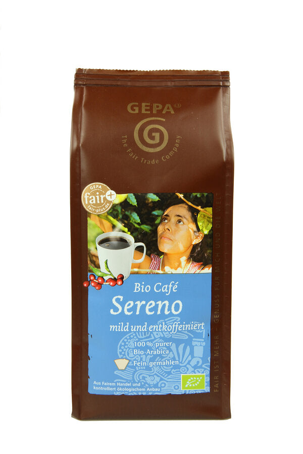 Bio Café Sereno- decaffeinated- "The mildest under the fairly traded GEPA BOO COUTIONS", since decaffeinated with natural source coal acid until a residual caffeine has a maximum of 0.08%. A natural mild aromatic roasted coffee, velvety soft, and tender in taste. Tasting thickness 1 (1 = mild, 5 = strong)