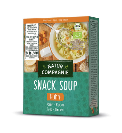 Snack soup chicken for 2 cups of chicken soup with selected organic chicken meat and pasta. - palm oil -free - without added sugar