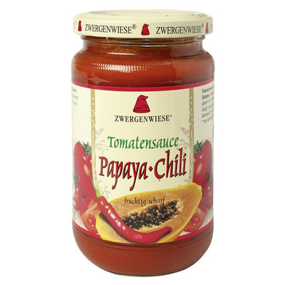 Organic tomato sauce papaya -chili, these are peppers, onions and papaya in a slightly spiced tomato sauce spiced up with chilli - a fruity sharp palate! Our other varieties in the 330/340ml glass, from classically mild flavored to fiery sharp and two tomato sauces for children, will inspire you.