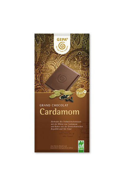 with fair milk from southern Germany; with oriental-spicy cardamom; without emulsifiers, gentle and careful conch of the chocolate mass; Cocoa butter as the only used fat; Direct import of the high -quality ingredients; Support several trading partners; Interior wraps made of predominantly renewable raw materials