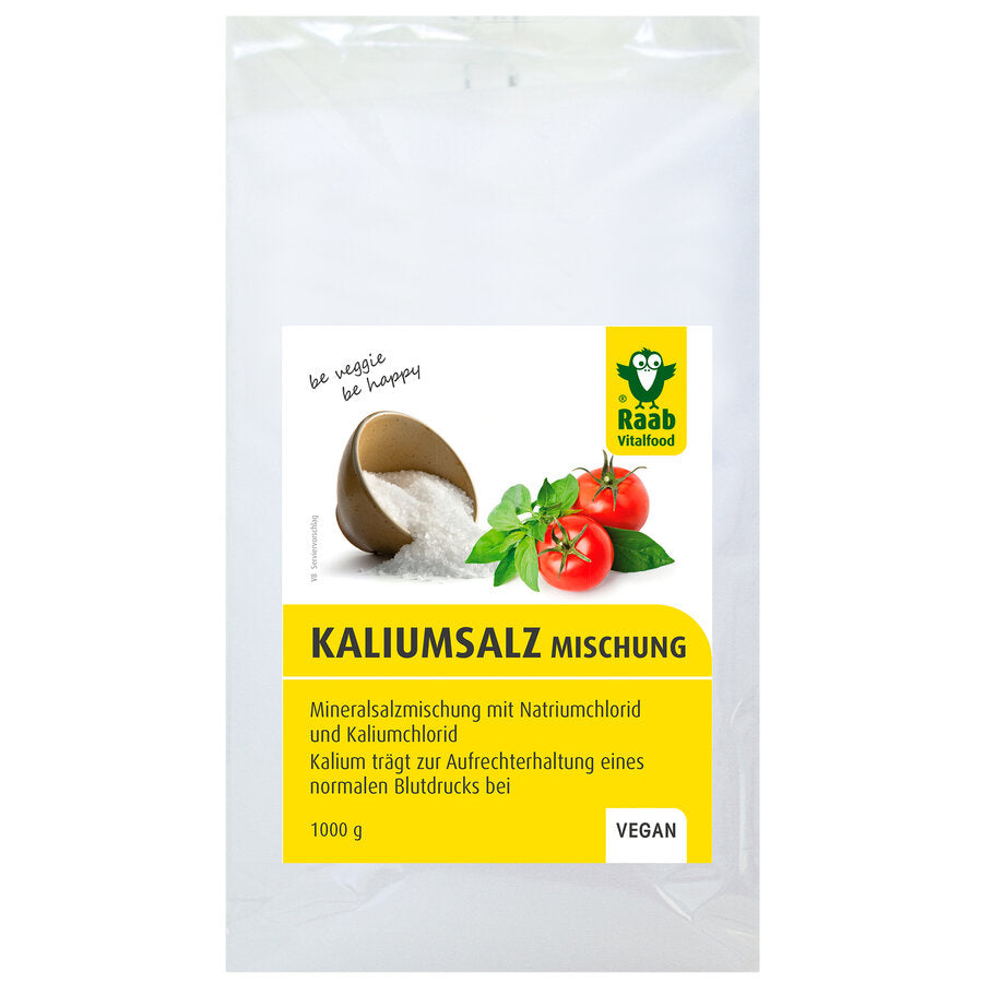Mineral salt mixture with 66.7 % sodium chloride (table salt) and 33 % potassium chloride. For use as an alternative for conventional table salt. Potassium contributes to maintaining normal blood pressure.