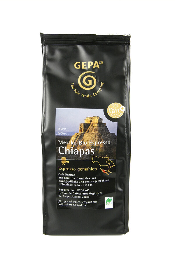 Bio Espresso Chiapas - a rarity from Mexico's highlands; altitude: 1400 - 1500m; Hand -picked and sun -dried; a sorted pure country coffee from the Chiapas region from ecological agriculture? Additional price payment: individual project funding; Full and soft, elegant with a sweet character; Taste 3.5 (1 = mild, 5 = strong)