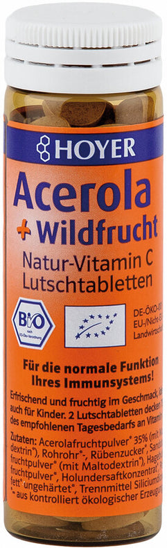Acerola + wild fruit suture tablets 100% natural vitamin C for the normal function of your immune system fruity-fresh ideal for children The vitamin C-rich fruit in the world is the acerola, which is based in South America " is called. It has a 20-30 times higher vitamin C content than oranges or lemons. To protect the cells from oxidative stress, vitamin C contributes to and to reduce fatigue and exhaustion.