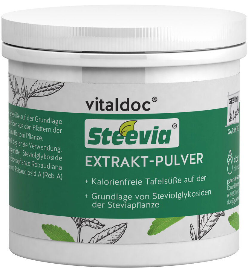 Steevia® extract powder + calorie-free table sweetness on the + basis of steviolglycosides of the stevia plant + sweetness 300 x more than sugar calorie-free table sweetness based on steviolglycosides from the leaves of the stevia plant rebaudiana bertoni. 1 g This extract powder corresponds to the sweetness of 300 g of sugar. Please dose carefully accordingly!