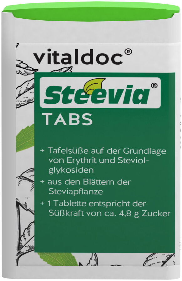Steevia® Tabs + Tafelsüß as a tablet based on erythritus and steviolglycosides + from the leaves of the stevia plant + 1 tablet corresponds to the sweetness of approx. 4.8 g of sugar