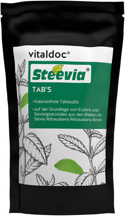 Steevia® Tab’s refill bag + calorie -free table sweetness + on the basis of erythritus and steviol glycosides from the leaves of the Stevia Rebaudiana Bertoni + 1 tablet corresponds to the sweetness of approx. 4.8 g of sugar