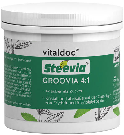 Steevia® Groovia 4: 1 + 4 x sweetie as sugar + calorie -free + crystalline table sweetness based on erythritus and steviolglycosides + suitable for baking, turning on and cooking + tasteless