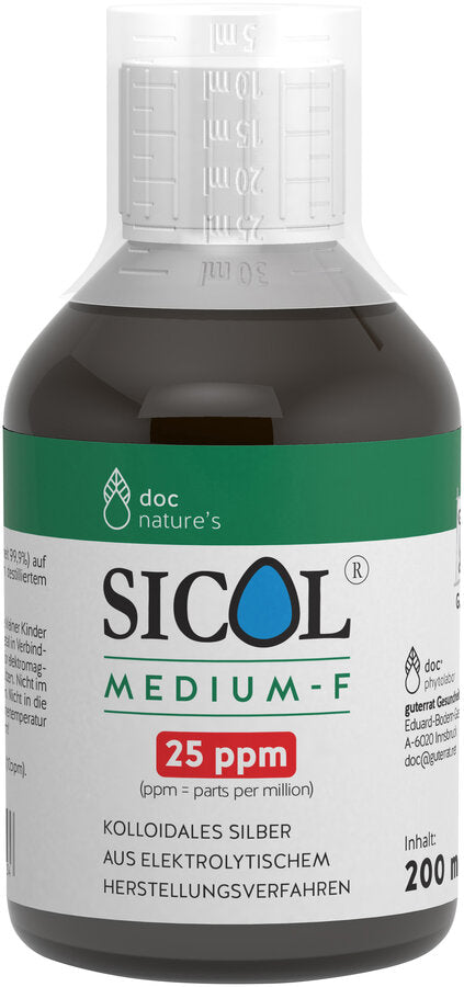 Sicol® Medium-F 25 PPM + Colloidal silver + purity 99.9% based on several distilled water. + Made of electrolytic manufacturing process (ppm = parts per million)