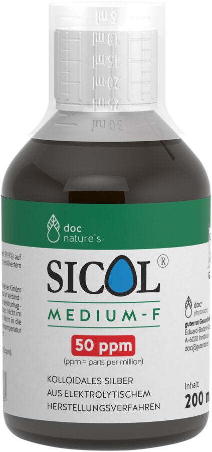 Sicol® Medium-F 50 PPM + Colloidal silver + purity 99.9% based on several distilled water. + Made of electrolytic manufacturing process (ppm = parts per million)