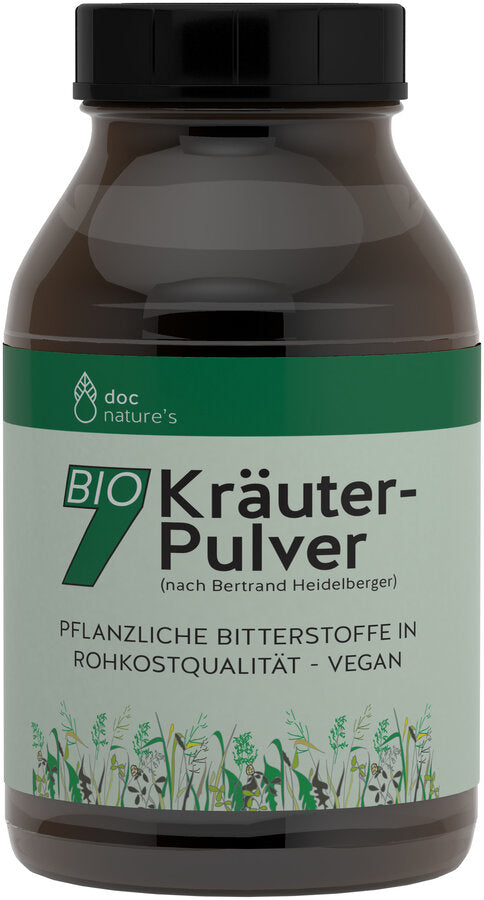 Bio 7 herbal powder (according to Bertrand Heidelberger) + vegetable bitter fabrics in raw food quality + from 7 different natural herbs + from controlled organic cultivation + glass packaging + vegan