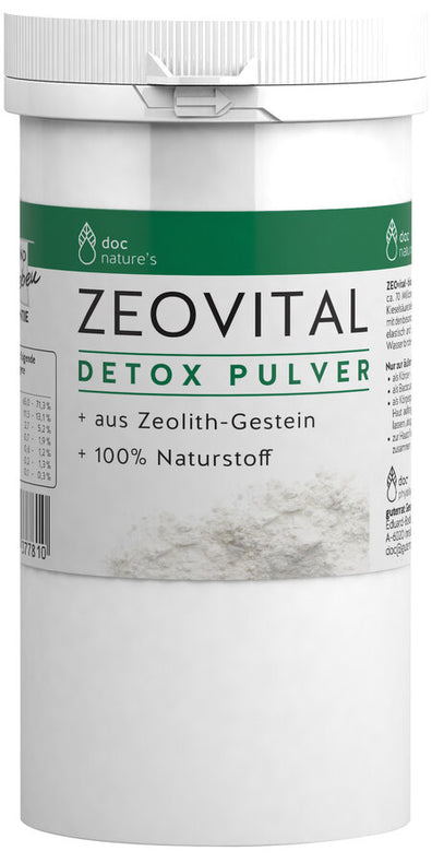 Doc Nature’s Zeovital + Detox powder + from zeolite rock (volcanic stone) + contains biogenic minerals + in particular silicon SiO2/silica + 100% natural substance