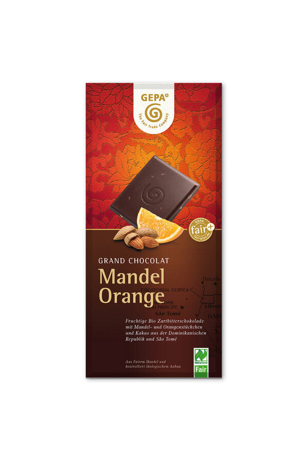 with fair milk from southern Germany; without emulsifiers, gentle and careful conch of the chocolate mass; Cocoa butter as the only used fat; Direct import of the high -quality ingredients, support several trading partners; Crunchy almond pieces and fruity orange component in a delicately melting delicacy chocolate; Interior wraps made of predominantly renewable raw materials