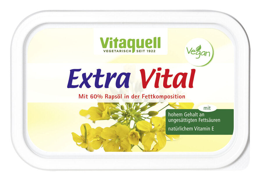 The fat-reduced plant margarine extra vital contains 60 % rapeseed oil in the fat composition and is rich in vitamin E and omega-3 fatty acids.