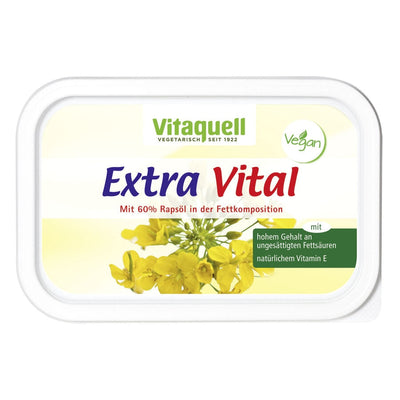The fat-reduced plant margarine extra vital contains 60 % rapeseed oil in the fat composition and is rich in vitamin E and omega-3 fatty acids.