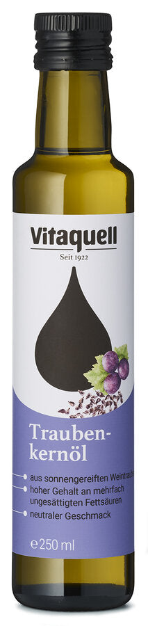 Our grape seed oil is obtained from the seeds of sun -ripened grapes. It has a high content of polyunsaturated fatty acids (linoleic acid). Incidentally, the history of the grape seed oil is as old as with hardly any other oil. Even the Romans found that a particularly valuable oil can be obtained from the cores of the grapes.