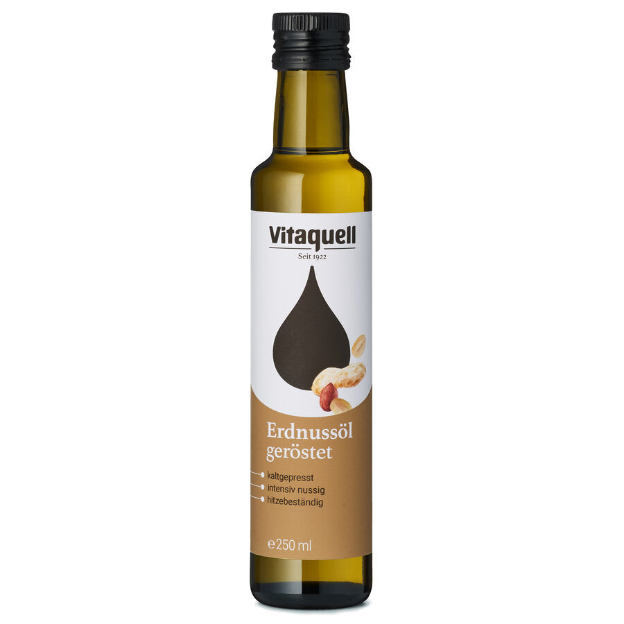 Vitaquell peanut oil is cold from roasted peanuts, has a high proportion of simply unsaturated fatty acids and is therefore also suitable for roasting.