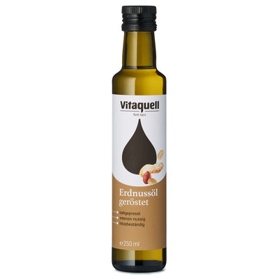 Vitaquell peanut oil is cold from roasted peanuts, has a high proportion of simply unsaturated fatty acids and is therefore also suitable for roasting.
