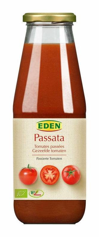 Passata - Passed tomatoes made of sun -ripened, Erntesegen tomatoes Eden Passata is made from sun -ripened, freshly Erntesegen tomatoes from controlled ecological farming. The taste of the tomatoes is fully preserved by particularly gentle passing, in which the seeds and shell of the tomatoes are removed. Eden Passata is a fruity-grated basis for soups and sauces and also well suited as a pizza tab.