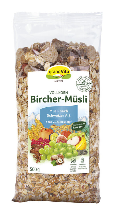 High-quality ingredients such as delicious wholemeal and whole grain wheat flakes combined with a selection of exquisite fruits such as sweet raisins, figs, dates, bananas, pear pieces and much more. Our Bircher-Müsli in Swiss Art will also inspire you. Try it! - vegetarian - without added sugar* - egg -free - protein source - also for refining desserts and for baking ideal