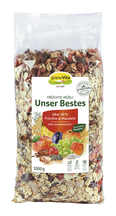 Over 40 % fruits and almonds - without added sugar, our best convinces with its unique, fruity taste. Only selected ingredients are used for our quality muesli. Extended unchale fruits such as raisins, dates, strawberries, apples, pears, apricots, peaches and plums as well as selected almonds, flaxseed and sunflower seeds make - our best - not only indescribably delicious, but also at the optimal breakfast meal.
