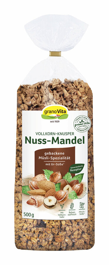 Baked muesli specialty with dried plant juice made of sugar cane (original sweetness) - vegetarian - free yeast free - egg free - with 47 % whole grain harbor flakes - sweetened exclusively with original sweetness - with 16 % original sweetness - with 9 % hazelnuts - with 2 % Almonds - delicious for breakfast and as a snack - also suitable for refining desserts