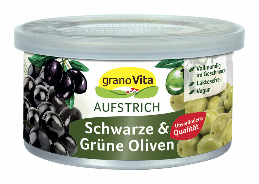Vegan spread black and green olive fine black olives, onions and spices-that is our hearty, spicy black olive. Tastes particularly good on fresh ciabatta with dried tomatoes. Try it! - Vegan - Lactose -free - with over 16 % olives - also careful to refine dips and sauces.