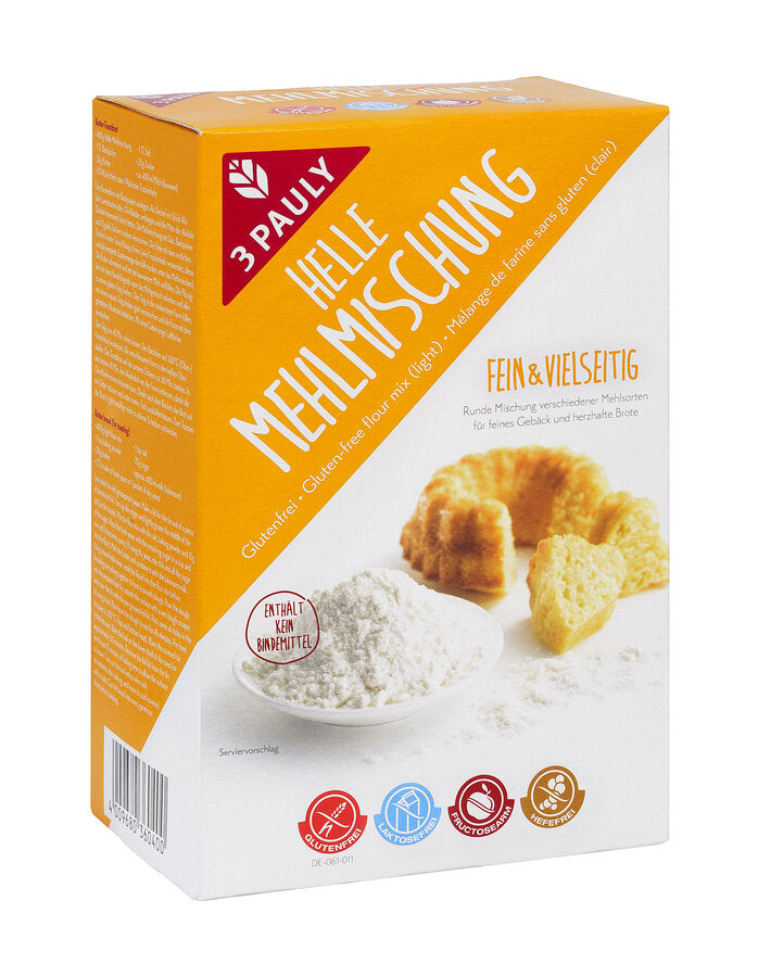 Gluten -free flour varieties combines in two practical portion packs of 400 g: As an indispensable baking ingredient in gluten -free kitchen, the bright flour mix of 3 Pauly is a real all -rounder. Whether as an ingredient in fresh breads, juicy cakes or for other creation- with the light flour mixture, all recipes are guaranteed.